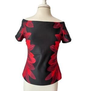Fitted Red and Black Off-the-Shoulder Cap Sleeve Blouse
